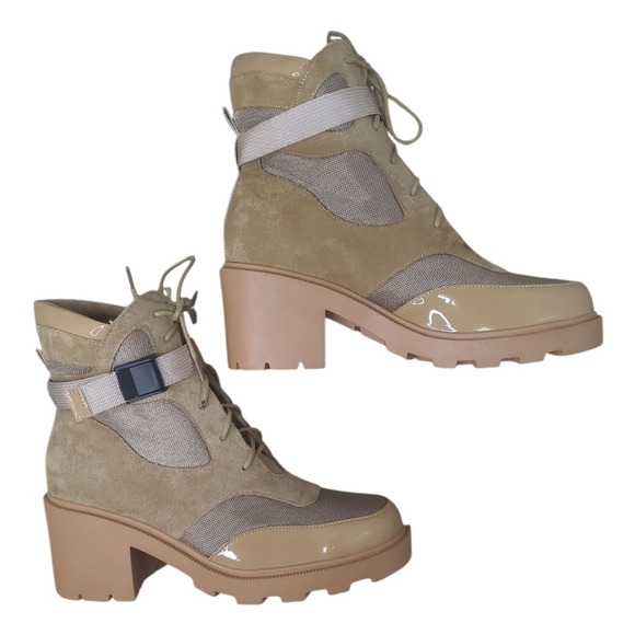 Vivianly MOTO Lace-Up Chunky Heel Platform Combat Boots Nude Size 10 - Picture 3 of 16